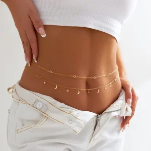 Summer Beach Body Chain Moon Five Pointed Star Pendant Belly Chain Rhinestone Tassel Waist Chains for Women Girls