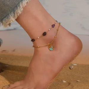 Summer Beach Dolphin Fishtail Shell Charms Anklet Stainless Steel Starfish Colorful Natural Stone Beaded Chains Anklet