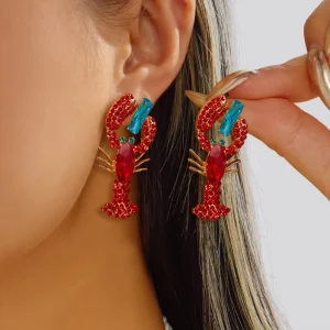 Summer Beach Lobster Hoop Earrings Women Zinc Alloy Classic Rhinestone Enamel Statement Gift Ocean Sea Animal Jewelry Fashion
