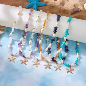 Summer Beach Party Jewelry Gold Plated Women’s Necklace Bohemian Style Starfish Conch Pendant Colorful Necklace