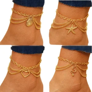 Summer Beach Snake Foot Chain Fashion Gold Color Love Shell Starfish Anklet Set for Women