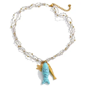 Summer Beach Stainless Steel Multi Layer Mesh Chain Necklace Turquoise Color Resin Fish Starfish Pendant Necklace