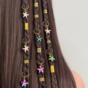 Summer Beach Starfish Fashion Alloy Women’s Hair Jewelry Set 35Pcs Gold Beads Open Hair Cuffs Rings Braided Hairstyle