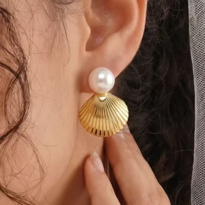 Summer Beach Vacation Trendy Gold Plated 3D Seashell Pearl Drop Earrings for Women Stainless Steel Fashion Gift