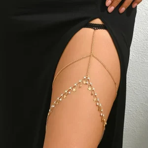 Summer Bikini Matching Gold Plated Alloy Thigh Chain Rhinestone Body Jewelry