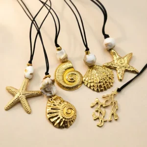 Summer Bohemian Style Beach Stainless Steel Shell Starfish Pendant Rope Necklace Women’s Long Fashion Accessory