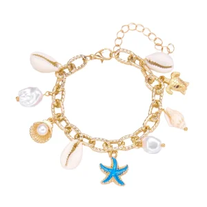 Summer Bohemian Style Gold Plated Alloy Bracelet Easy Match Beach Shell Starfish Conch Pearl for Gift
