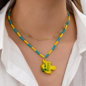 Summer Boho Beach Vacation Colorful Ceramic Fish and Seed Bead Necklace Set for Women Starfish Shells Charm Necklaces Jewelry