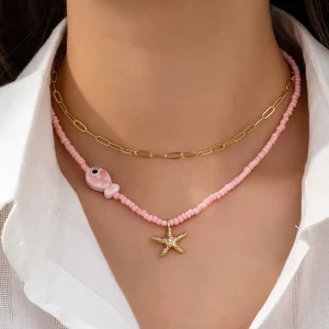 Summer Boho Beach Vacation Pink Ceramic Fish Coral Crab Pearl Necklace Set for Women Starfish Shells Charm Necklaces Jewelry