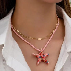 Summer Boho Beach Vacation Red Ceramic Fish Coral Crab Pearl Necklace Set for Women Starfish Shells Charm Necklaces Jewelry