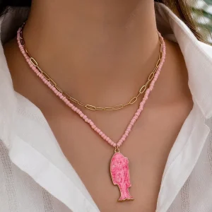 Summer Boho Chic Pink Ceramic Fish Crab Pearl Necklace Set for Women Starfish Shells Charm Necklaces Fashion Layered Jewelry for