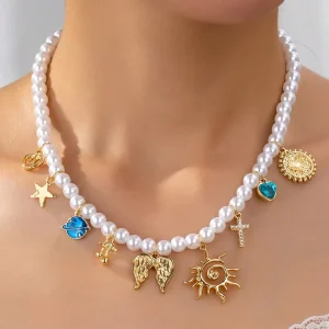 Summer Boho Women’s Fashion Sun Cross Bowknot Decorated Pearl Beaded Necklace Sunshine Sunray Charm Vacation Fashion Jewelry