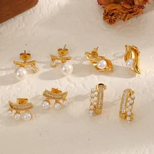 Summer Casual Fashion Stud Earring 18K Gold Stainless Steel Earrings with Pearls Gold Accessories for Women TGES7326