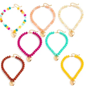 Summer Colorful Beaded Necklace Women’s Resin Beaded Sweet Heart Pendant Charms Beaded Necklace for Gift