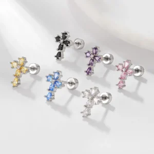 Summer Colorful CZ Cross Cartilage Earring Hypoallergenic Titanium Steel Helix Piercing Studs