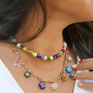 Summer Colorful Necklace Handmade Cool Colored Glass round Men’s and Women’s Same Fashion Twin