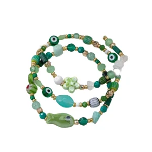 Summer Fashion Bracelet Set for Ladies Beach Vacation Inspired Ceramic Small Fish Eyes and Four Leaf Grass Elegant and Stylish