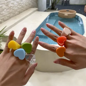 Summer Fashion Candy Opening Acrylic Rings Heart Shape Resin Acrylic Large Rings Jewelry for Women