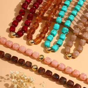 Summer Fashion Jewelry Geometric Polished Acrylic Beaded Necklace Metal Gold Plated Beaded Charm Necklace for Women