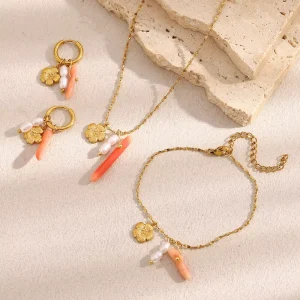 Summer Fashion Jewelry Set Colorful Charm Necklace Bracelet Earring Set Stainless Steel Jewelry Set