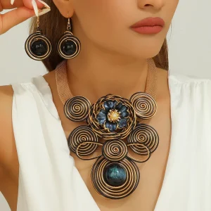 Summer Fashion Zinc Alloy Big Floral Flower Necklace Gold Plated Exaggerated Crystal Jewelry Sets For Women