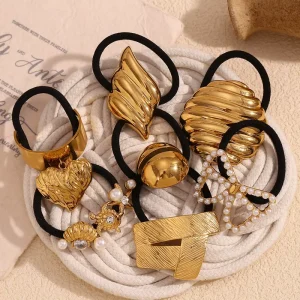 Summer Fashionable Hair Accessories Gold Plated Stainless Steel Pattern Love Pendant Elastic Women’s Hair Accessories