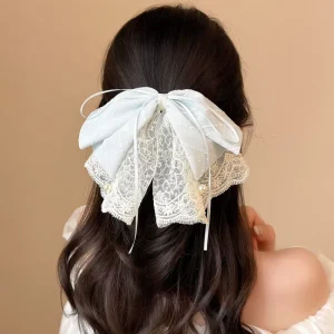 Summer Fresh Tulle Lace Bow Pearl Hair Clip Claw fairy Polka Dot Striped Chiffon Ponytail Clip Sweet Grab Clip Hair Accessory