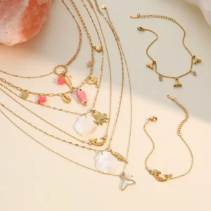 Summer Jewelry Gold Plated Hypoallergenic Non Tarnish Waterproof Jewelry Stainless Steel Mermaid Starfish Pendant Necklace
