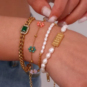 Summer Jewelry Water Proof Chain Anti Tarnish Bracelet Set for Women Fresh Water Pearl Bracelet Stainless Steel Jewelry