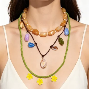 Summer Leaves and Flowers Three-Layer Resin Beaded Pendant Necklace