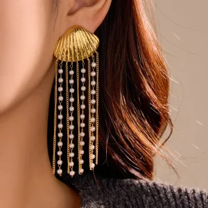 Summer Long Pearl Tassel Drop Earrings Gold Plated Shell Stainless Steel Stud Earrings Trendy Jewelry for Beach