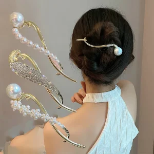 Summer Metal Plating Women’s Hair Claw with Pearl Rhinestone Frog Buckle Hair Grip Clip