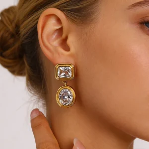 Summer New Arrival Gold Plated Stainless Steel Vintage Square Zircon Drop Earrings Tarnish Free Waterproof Dainty