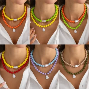 Summer New Products Beach Candy Color Acrylic Resin Beaded Necklace Irregular Pearl Pendant Charms Necklace For Girl