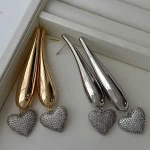 Summer New Style Pave Zircon Long bar Heart Charm Metal Earrings Unique Design Elegant Style
