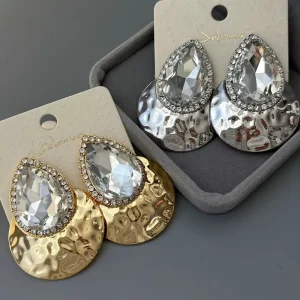 Summer New Style Teardrop Shaped Big Rhinestone Pave Zircon Textured Metal Stud Earrings