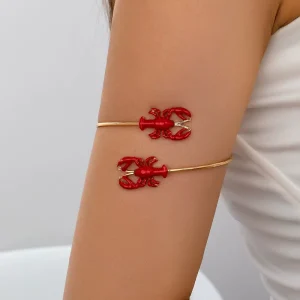 Summer Ocean Style Oil Drop Pink Lobster Flower Arm Cuff for Vacation Wear Gold Bracelet Bangles Ocean Beach Jewelry Open