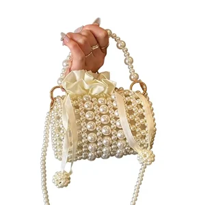 Summer Pearl Woven Tote Bag for Women Polyester Lining Shoulder & Crossbody Accessory Bag