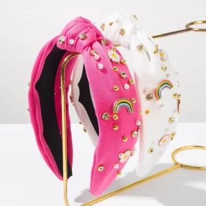 Summer Rainbow Daisy Knotted Headband Rhinestone Pearl Embellished Hair Hoops Cute Holiday Hair Accessories for Women Girls