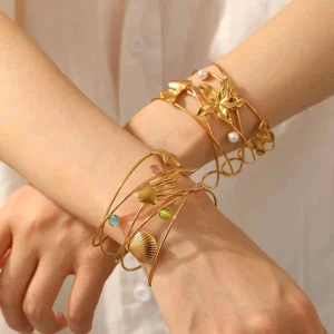 Summer Starfish Jellyfish Waterproof 18k Gold Stainless Steel Adjustable Bracelet Women Bangle