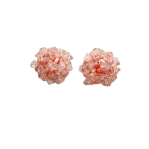 Summer Trendy Beaded Hydrangea Stud Earrings Bright White Crystal Gold Plated Women’s Jewelry