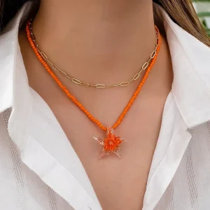Summer Vacation Seed Bead Chain Ceramic Starfish & Flower Women’s Pendant Multi Layer Necklace Set Style Charm Fashion Jewelry