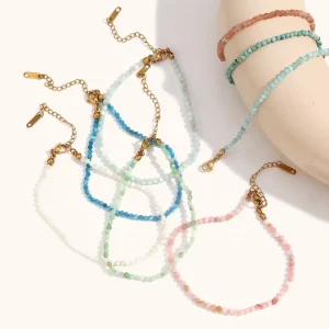 Summer Vacation Waterproof Colorful Natural Stone Anklets Stainless Steel Fashion Jewelry