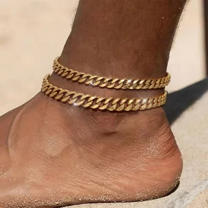 Summer Waterproof Beach Ankle Bracelet High Quality 18K Gold Plated Stainless Steel Double Layer Cuban Link Chain Anklet for Men
