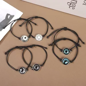 Sun and Moon Alloy Backed Hand Woven Couple’s Bracelet with Glow in the Dark Design