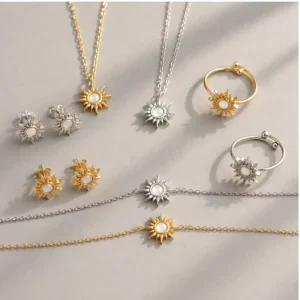 Sunflower 4-Piece Jewelry Set 18K Gold Plated Stainless Steel Floral White Opal Cabochon Sun Pendant Necklaces