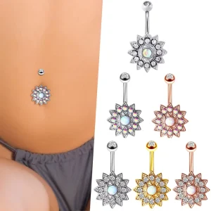 Surgical 316L Stainless Steel Opal Belly Button Rings for Women Zircon Curved Barbell Surgical Steel Navel Ring Stud