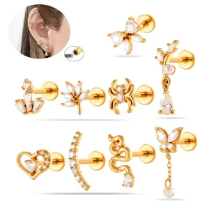 Surgical Stainless Steel Flat Back Earrings CZ Leaves Butterfly Earlobe Hinged Pendant Cartilage Tragus Piercing Jewelry