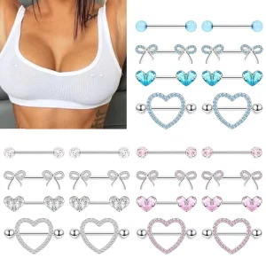 Surgical Steel 316L Nipple Rings Jewelry Set Heart Bow Shape Straight Barbell Fine Breast Body Piercing Set for Girls