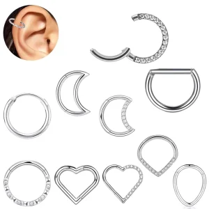 Surgical Steel CZ Heart Moon Hinged Segment Clicker Ring Septum Nose Ring Helix Cartilage Earring Piercing Jewelry
